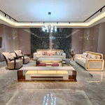 Modern Luxury Seating Collection with 3D Relief Craftsmanship, Natural Wood Veneer, Gold Stainless Steel Accents & Integrated Ambient Lighting